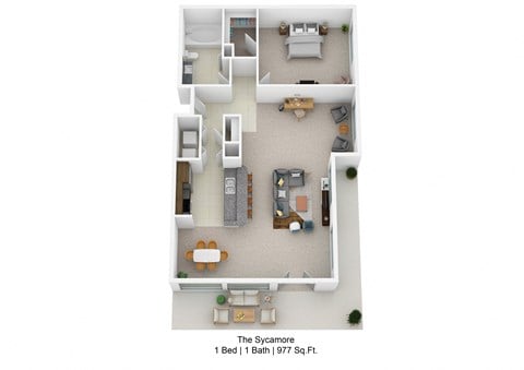 Floor plan for 1 bed, 1 bath, 977 sqft